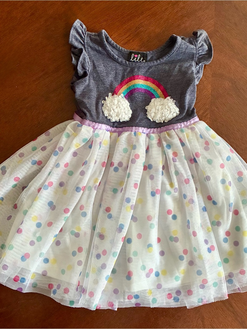 lilt Gray Rainbow Tulle Dress with Pastel Polka Dots